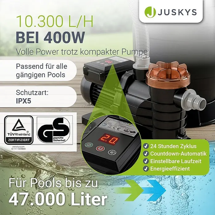 Juskys Sandfilteranlage Sandfilteranlage - Filterleistung: 6.000 l/h - Schwarze Poolpumpe mit kupferfarbenem Deckel und Digitalanzeige, für Pools bis 47.000L, effizient 10.300 L/H bei 400W.