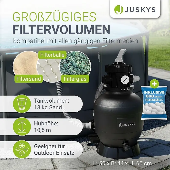 Juskys Sandfilteranlage Sandfilteranlage - Filterleistung: 6.000 l/h - Schwarze JUSKYS Pool-Sandfilterpumpe für den Außenbereich, neben einem Pool. Großes Filtervolumen, inklusive Filterbälle.