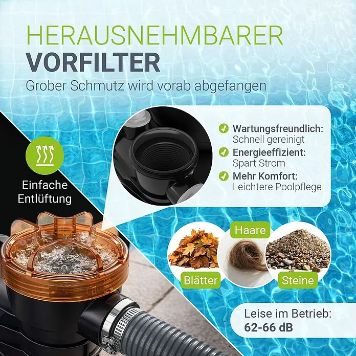 Juskys Sandfilteranlage Sandfilteranlage - Filterleistung: 6.000 l/h - Orange-schwarzer Pool-Vorfilter an einem Schlauch, fängt Blätter, Haare und Steine ab, bevor sie die Pumpe erreichen.