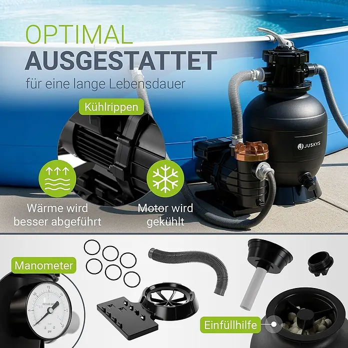 Juskys Sandfilteranlage Sandfilteranlage - Filterleistung: 6.000 l/h - Schwarze Pool-Sandfilteranlage mit Pumpe, Manometer und Zubehör, an einen blauen Aufstellpool angeschlossen.