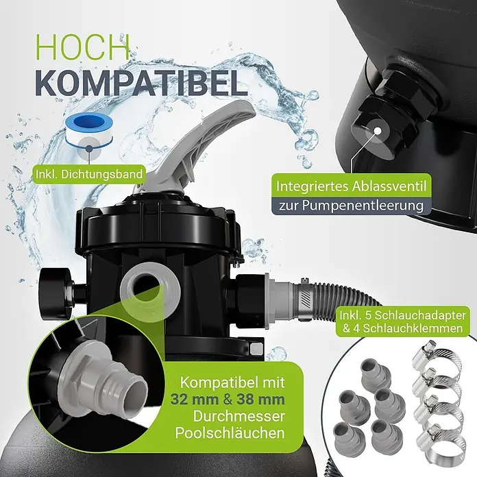 Juskys Sandfilteranlage Sandfilteranlage - Filterleistung: 6.000 l/h - Schwarzes Sandfilterpumpen-Bauteil mit Schlauchadaptern, Klemmen und Dichtungsband. Verfügt über ein Ablassventil und Kompatibilität mit 32mm & 38mm Poolschläuchen.