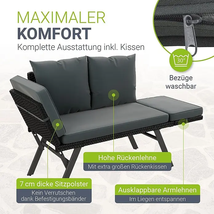 Juskys Loungesofa Calvia - B x T x H: 171 x 62 x 83,5 cm, Polyester, schwarz, Klappbar - Dunkelgraues Gartensofa mit dicken Polstern und ausklappbaren Armlehnen. Bezüge sind waschbar, Rückenlehne hoch.