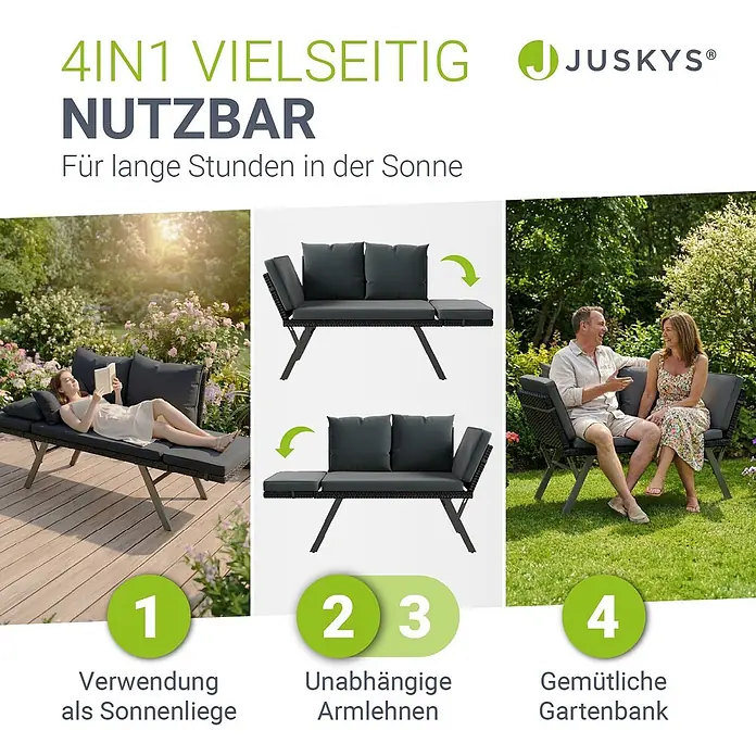 Juskys Loungesofa Calvia - B x T x H: 171 x 62 x 83,5 cm, Polyester, schwarz, Klappbar - Dunkelgraues 4-in-1 Gartensofa mit verstellbaren Armlehnen, als Sonnenliege und Gartenbank gezeigt.