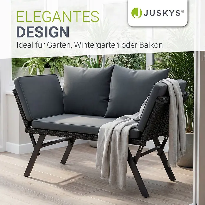 Juskys Loungesofa Calvia - B x T x H: 171 x 62 x 83,5 cm, Polyester, schwarz, Klappbar - Dunkelgraues Rattan-Sofa für zwei Personen mit grauen Kissen, ideal für Garten oder Balkon.