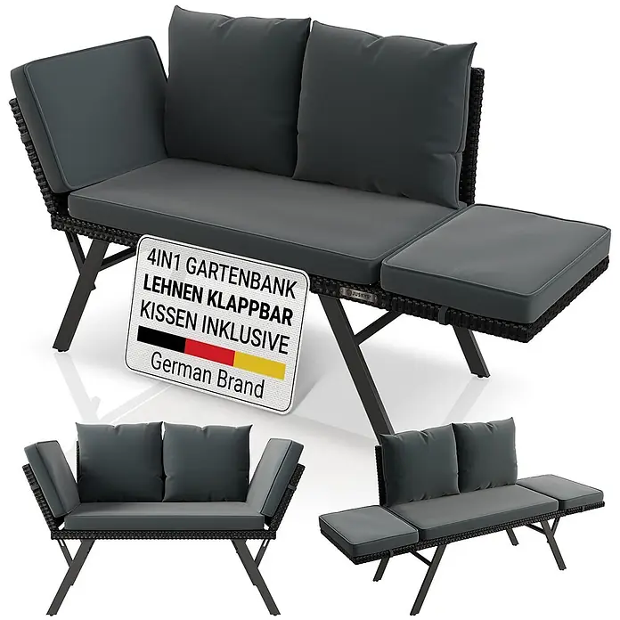 Juskys Loungesofa Calvia - B x T x H: 171 x 62 x 83,5 cm, Polyester, schwarz, Klappbar - Dunkelgraue Rattan Gartenbank mit Kissen, mit klappbaren Lehnen für verschiedene Konfigurationen.
