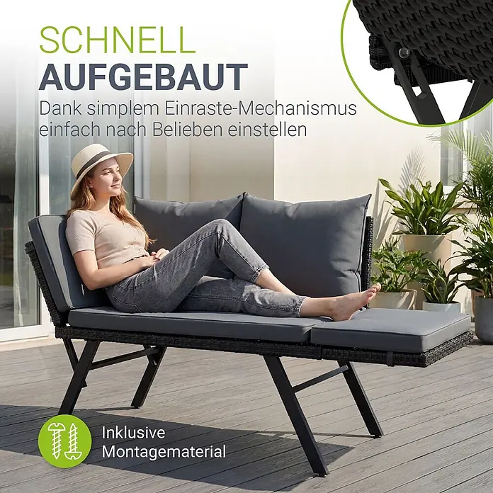 Juskys Loungesofa Calvia - B x T x H: 171 x 62 x 83,5 cm, Polyester, schwarz, Klappbar - Frau entspannt auf einem verstellbaren, dunkelgrauen Outdoor-Lounge-Sofa im Rattan-Stil mit Kissen.