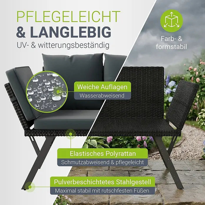 Juskys Loungesofa Calvia - B x T x H: 171 x 62 x 83,5 cm, Polyester, schwarz, Klappbar - Dunkles Polyrattan-Gartensofa mit wasserabweisenden Kissen und stabilem Stahlgestell, im Freien gezeigt.