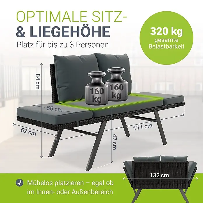 Juskys Loungesofa Calvia - B x T x H: 171 x 62 x 83,5 cm, Polyester, schwarz, Klappbar - Dunkelgraues Rattan-Gartensofa mit grauen Kissen, Maße und 320 kg Gesamtbelastbarkeit für bis zu 3 Personen.