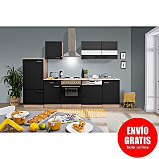 Respekta Composición de cocina Merle (Ancho: 280 cm, Negro, Con electrodomésticos, Volumen horno: 58 l)