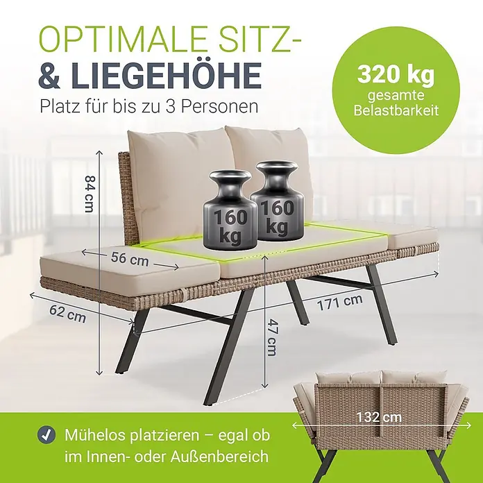 Juskys Loungesofa Calvia - B x T x H: 171 x 62 x 83,5 cm, Polyester, Creme, Klappbar - Beige Gartenbank in Geflechtoptik mit Kissen, für 3 Personen, belastbar bis 320 kg.