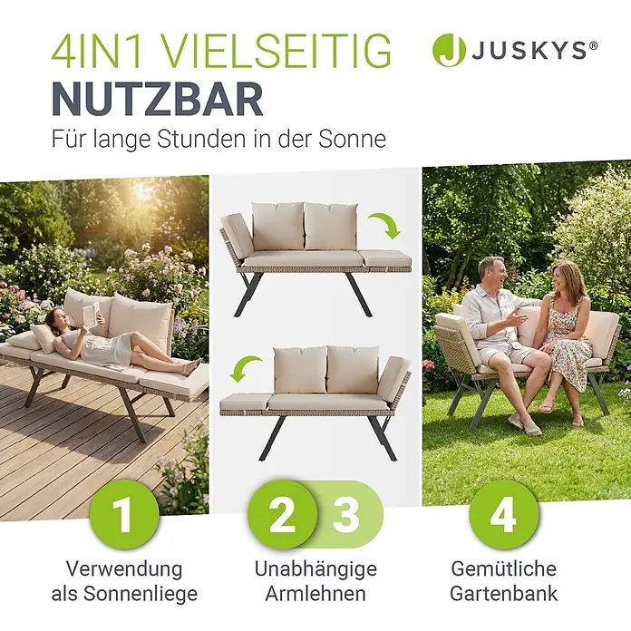 Juskys Loungesofa Calvia - B x T x H: 171 x 62 x 83,5 cm, Polyester, Creme, Klappbar - 4-in-1 Gartenmöbel mit beigen Kissen: Sonnenliege, unabhängige Armlehnen und gemütliche Gartenbank im sonnigen Garten.