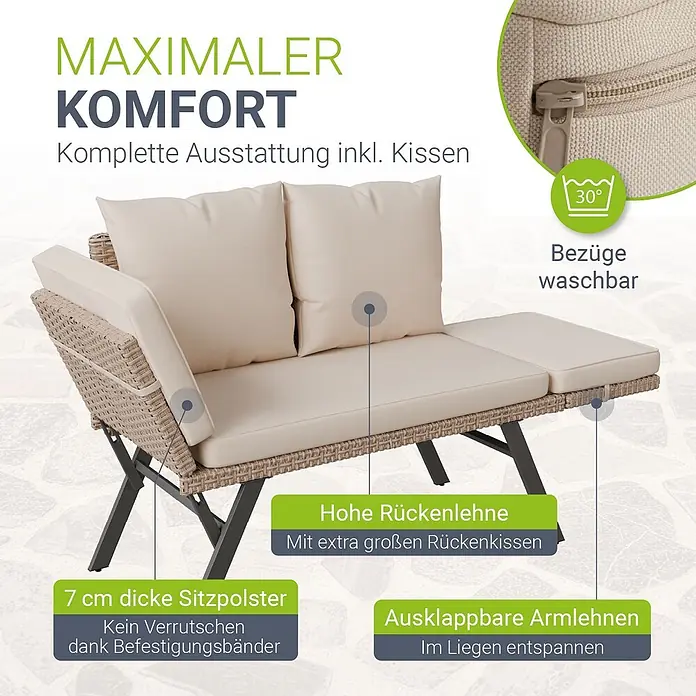 Juskys Loungesofa Calvia - B x T x H: 171 x 62 x 83,5 cm, Polyester, Creme, Klappbar - Beiges Outdoor-Lounge-Sofa in Rattan-Optik mit dicken beigen Kissen und ausklappbaren Armlehnen. Bezüge sind waschbar.