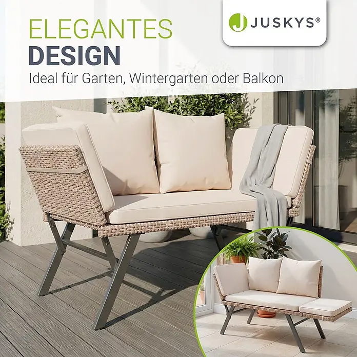 Juskys Loungesofa Calvia - B x T x H: 171 x 62 x 83,5 cm, Polyester, Creme, Klappbar - Beiges Rattan-Zweisitzer-Gartensofa mit hellen Kissen und Metallbeinen, auf einer Terrasse und als wandelbare Bank dargestellt.