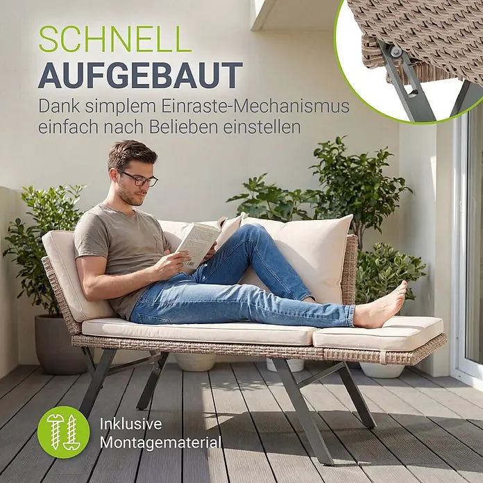 Juskys Loungesofa Calvia - B x T x H: 171 x 62 x 83,5 cm, Polyester, Creme, Klappbar - Verstellbare beigefarbene Rattan-Optik Outdoor-Liege mit hellen Kissen und grauem Gestell, auf einer Terrasse gezeigt.