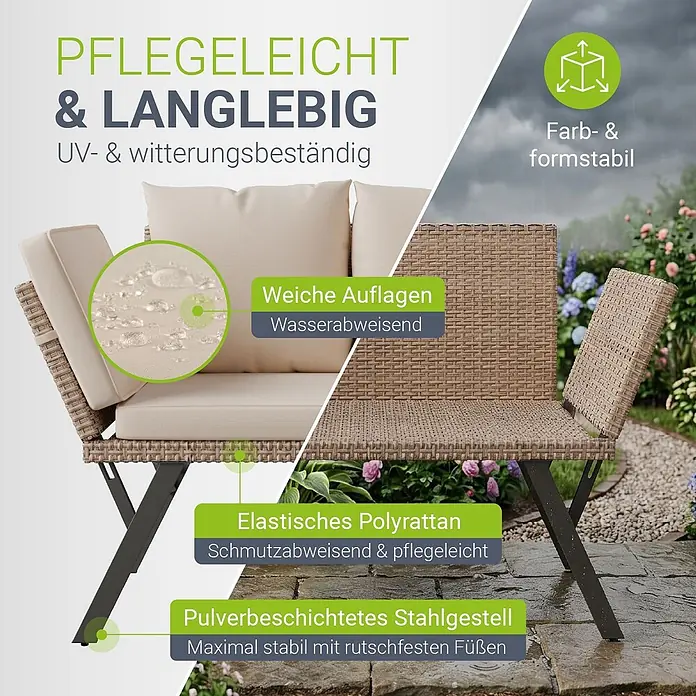 Juskys Loungesofa Calvia - B x T x H: 171 x 62 x 83,5 cm, Polyester, Creme, Klappbar - Garten-Lounge-Sessel aus braunem Polyrattan mit beigen Kissen und dunklem Stahlgestell, auf einer Terrasse platziert.