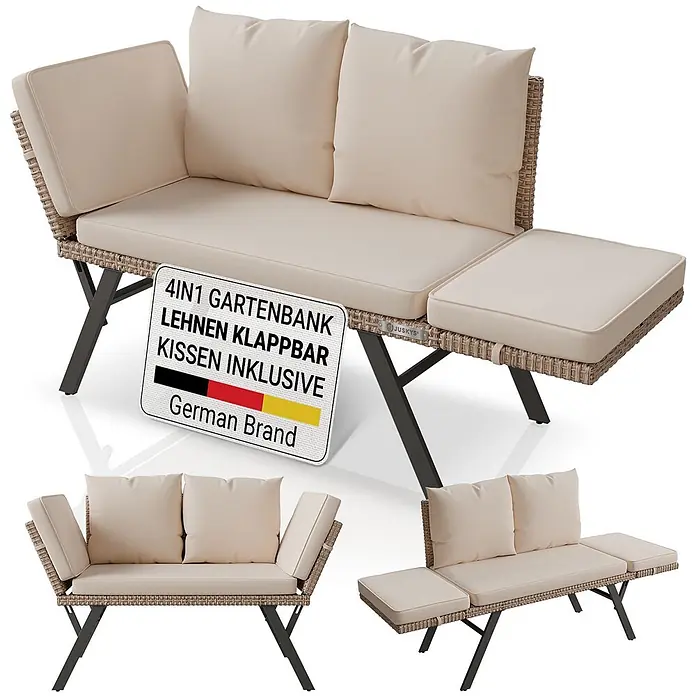 Juskys Loungesofa Calvia - B x T x H: 171 x 62 x 83,5 cm, Polyester, Creme, Klappbar - Beige 4-in-1 Polyrattan Gartenbank mit klappbaren Lehnen und Kissen, in verschiedenen Konfigurationen dargestellt.