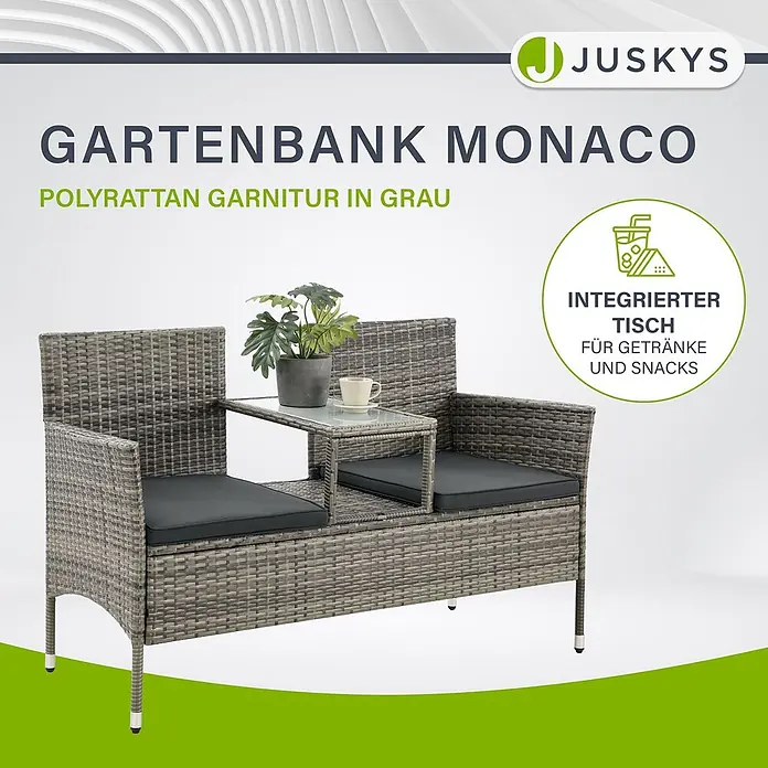 Juskys Loungesofa Monaco - B x T x H: 133 x 63 x 84 cm, Geflecht: Polyrattan; Gestell: Stahl; Tischplatte: Glas; Polster: Schaumstoff; Bezüge: Polyester, Grau - Graue Polyrattan Gartenbank mit integriertem Tisch für Getränke und Snacks.