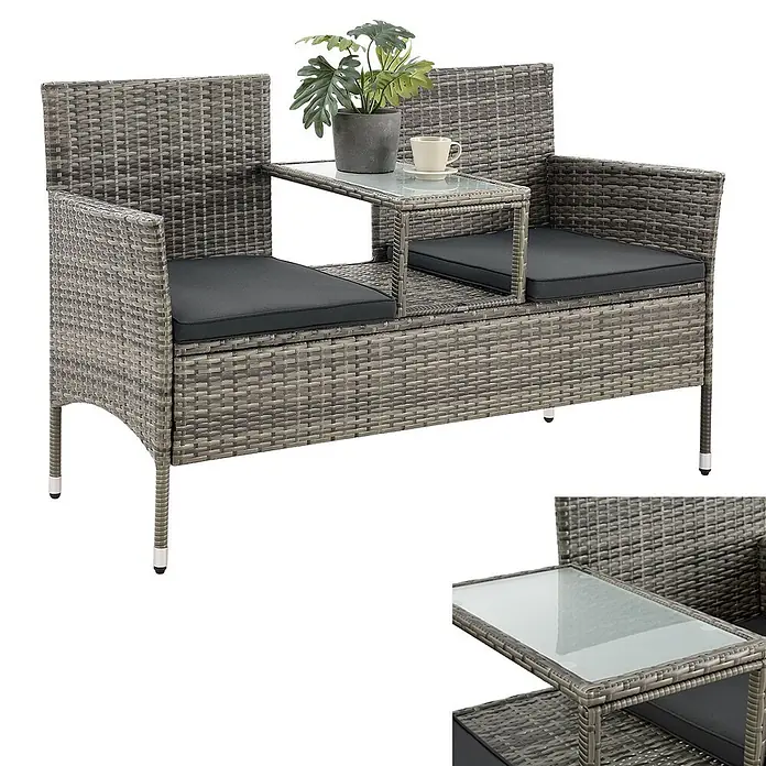 Juskys Loungesofa Monaco - B x T x H: 133 x 63 x 84 cm, Geflecht: Polyrattan; Gestell: Stahl; Tischplatte: Glas; Polster: Schaumstoff; Bezüge: Polyester, Grau - Graue Korbsitzbank mit integriertem Glastisch und dunklen Kissen für zwei Personen.