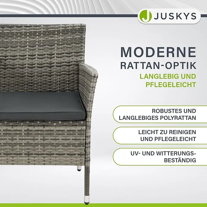 Juskys Loungesofa Monaco - B x T x H: 133 x 63 x 84 cm, Geflecht: Polyrattan; Gestell: Stahl; Tischplatte: Glas; Polster: Schaumstoff; Bezüge: Polyester, Grau - Grauer Polyrattan-Gartenstuhl mit dunkelgrauem Kissen, in moderner Rattan-Optik.