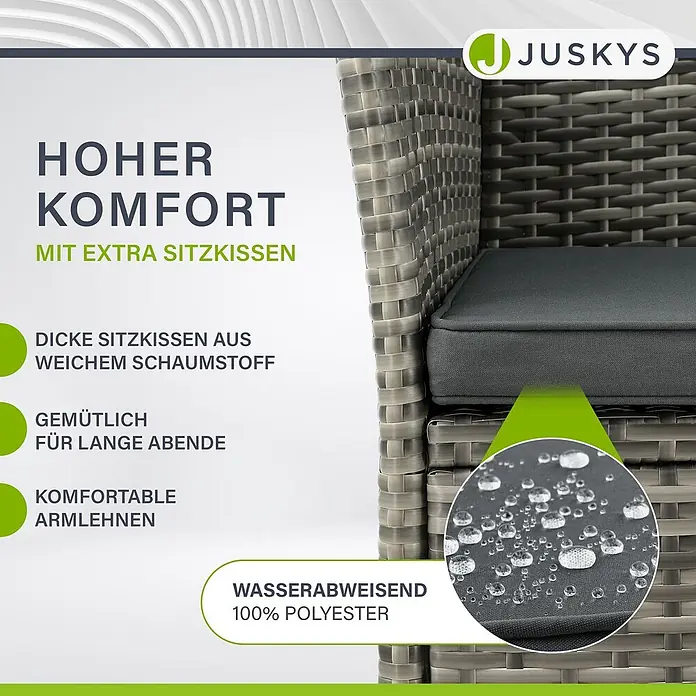 Juskys Loungesofa Monaco - B x T x H: 133 x 63 x 84 cm, Geflecht: Polyrattan; Gestell: Stahl; Tischplatte: Glas; Polster: Schaumstoff; Bezüge: Polyester, Grau - Grauer Rattan-Gartenstuhl mit dunkelgrauem, wasserabweisendem Polyesterkissen für hohen Komfort.