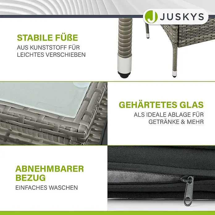 Juskys Loungesofa Monaco - B x T x H: 133 x 63 x 84 cm, Geflecht: Polyrattan; Gestell: Stahl; Tischplatte: Glas; Polster: Schaumstoff; Bezüge: Polyester, Grau - Detail von Gartenmöbeln: stabile Kunststofffüße, gehärtete Glasplatte und abnehmbarer Bezug mit Reißverschluss.