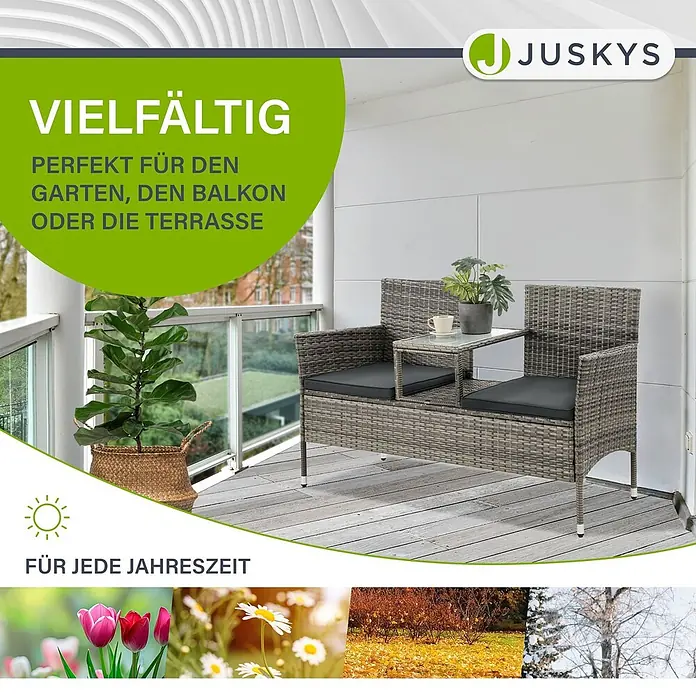 Juskys Loungesofa Monaco - B x T x H: 133 x 63 x 84 cm, Geflecht: Polyrattan; Gestell: Stahl; Tischplatte: Glas; Polster: Schaumstoff; Bezüge: Polyester, Grau - Graue Rattan-Sitzbank mit integriertem Tisch und schwarzen Kissen, ideal für Balkon oder Garten.