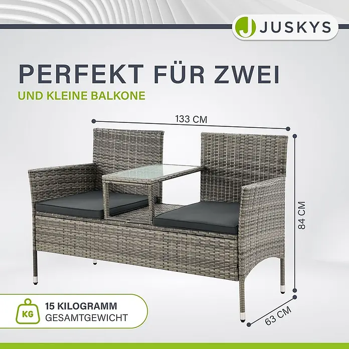Juskys Loungesofa Monaco - B x T x H: 133 x 63 x 84 cm, Geflecht: Polyrattan; Gestell: Stahl; Tischplatte: Glas; Polster: Schaumstoff; Bezüge: Polyester, Grau - Graues Rattan-Zweisitzer-Balkonmöbelset mit integriertem Tisch und dunklen Polstern, ideal für kleine Balkone.