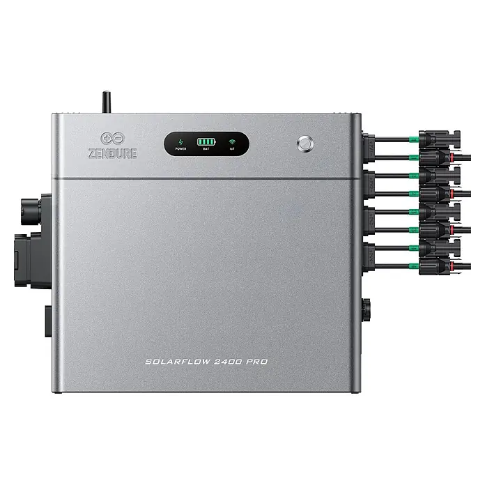 Zendure Batteriespeicher ZDA2507 - Leistungsaufnahme: 3.000 W, Nennspannung: 48 V - Silbergraues Zendure SolarFlow 2400 Pro Energiemanagementsystem mit LED-Anzeige für Status und mehreren PV-Eingangsanschlüssen.