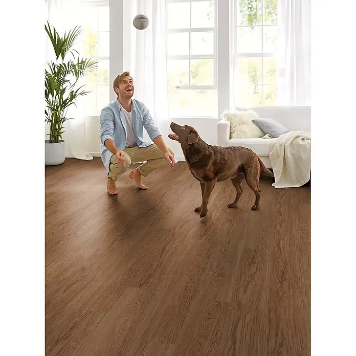 Decolife Designboden Freestyle Access Hazelnut Oak - 1.220 x 185 x 8,5 mm, Landhausdiele, Hazelnut Oak - Brauner Holzoptikboden bedeckt ein helles Wohnzimmer, in dem ein Mann mit seinem Hund spielt.