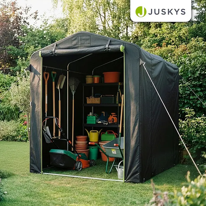 Juskys Fahrradgarage Gerätezelt - Metall, Anthrazit - Schwarzer Gartenschuppen aus Stoff, gefüllt mit Rasenmäher und Gartengeräten.