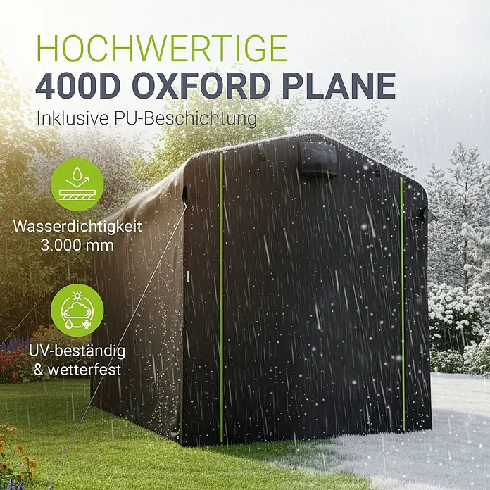 Juskys Fahrradgarage Gerätezelt - Metall, Anthrazit - Schwarzes, wetterfestes 400D Oxford Schutzdach mit PU-Beschichtung, das vor Regen, Schnee und UV-Strahlung schützt.