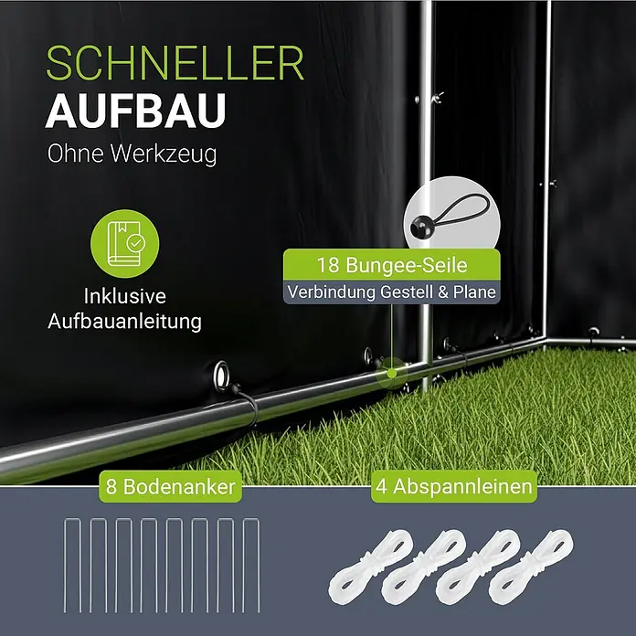Juskys Fahrradgarage Gerätezelt - Metall, Anthrazit - Komponenten für schnellen, werkzeuglosen Aufbau eines schwarzen Pavillons, mit 18 Bungee-Seilen, 8 Bodenankern, 4 Abspannleinen und Anleitung.