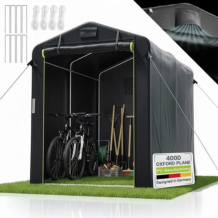 Juskys Fahrradgarage Gerätezelt - Metall, Anthrazit - Schwarzer 400D Oxford Stoff Lagerschuppen mit PU-Beschichtung, enthält Fahrräder und Gartengeräte auf Rasen. Inkl. Heringe und Seile.