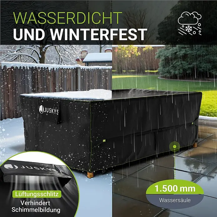 Juskys Loungemöbel-Schutzhülle CoverSafe - L x B x H: 220 x 140 x 75 cm, Material: 420D Oxford-Gewebe (100 g\m2), PU-Beschichtung, 100 g/m², schwarz - Schwarze JUSKYS Outdoor-Möbelabdeckung, wasserdicht und winterfest, mit Belüftung zur Schimmelvorbeugung.