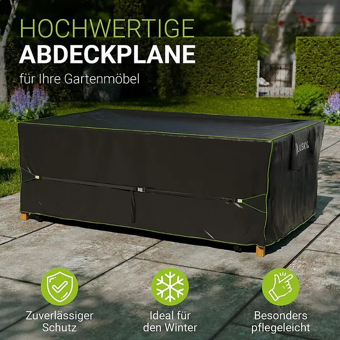 Juskys Loungemöbel-Schutzhülle CoverSafe - L x B x H: 220 x 140 x 75 cm, Material: 420D Oxford-Gewebe (100 g\m2), PU-Beschichtung, 100 g/m², schwarz - Schwarze Gartenmöbel-Abdeckplane mit grünem Rand, die einen Terrassentisch bedeckt. Mit "JUSKYS"-Logo und Sicherungsgurten.