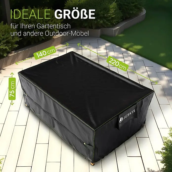Juskys Loungemöbel-Schutzhülle CoverSafe - L x B x H: 220 x 140 x 75 cm, Material: 420D Oxford-Gewebe (100 g\m2), PU-Beschichtung, 100 g/m², schwarz - Schwarze Schutzhülle für Gartentische und Outdoor-Möbel, Maße 220x140x75 cm.