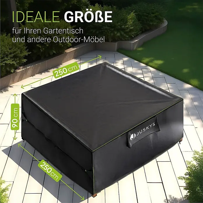 Juskys Loungemöbel-Schutzhülle CoverSafe - L x B x H: 250 x 250 x 90 cm, Material: 420D Oxford-Gewebe (100 g\m2), PU-Beschichtung, 100 g/m², schwarz - Schwarze rechteckige Schutzhülle (250x250x90 cm) für Gartenmöbel, auf einer Terrasse.