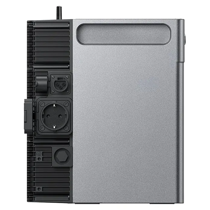 Zendure Batteriespeicher ZDSF2400AC+ - Leistungsaufnahme: 3.200 W, Nennspannung: 48 V - Graues und schwarzes Netzteil mit XLR-, Eurostecker- und Erdungsanschlüssen.