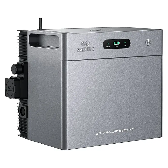 Zendure Batteriespeicher ZDSF2400AC+ - Leistungsaufnahme: 3.200 W, Nennspannung: 48 V - Elegantes graues ZENDURE SolarFlow 2400 AC+ Energiespeichersystem mit Digitalanzeige, Power-Taste und Seitenanschlüssen.