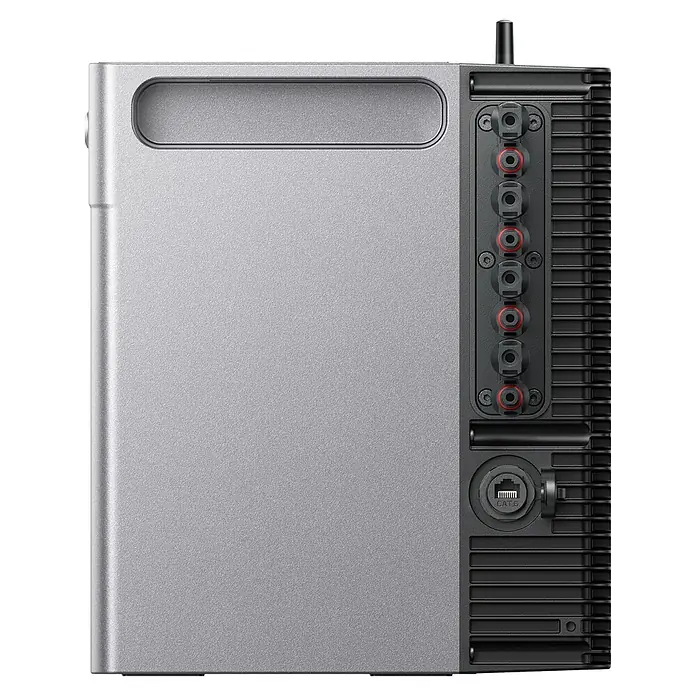 Zendure Batteriespeicher ZDA2507 - Leistungsaufnahme: 3.000 W, Nennspannung: 48 V - Silbergraues, texturiertes Elektronikgerät mit schwarzen Anschlüssen, darunter mehrere mit roten Ringen und einem CAT.6 Ethernet-Port, an der rechten Seite.