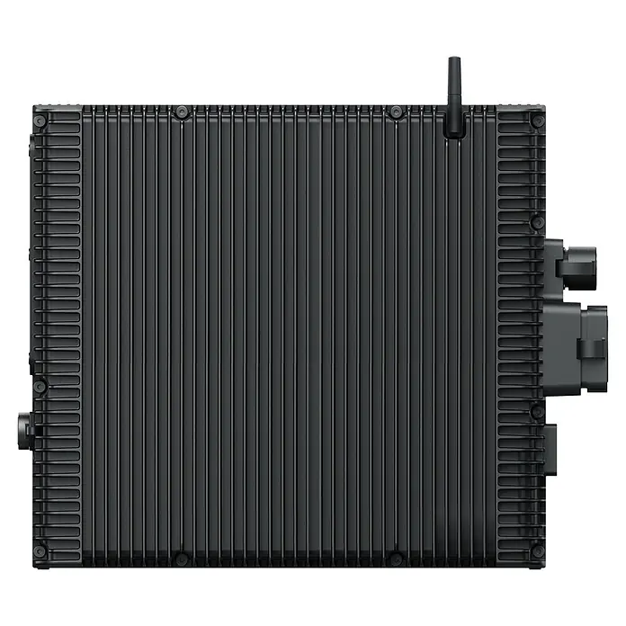 Zendure Batteriespeicher ZDSF2400AC+ - Leistungsaufnahme: 3.200 W, Nennspannung: 48 V - Dunkelgraues geripptes Elektronikmodul mit Anschlüssen und Antenne.