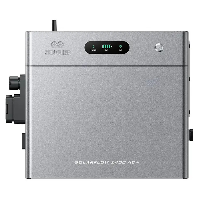 Zendure Batteriespeicher ZDSF2400AC+ - Leistungsaufnahme: 3.200 W, Nennspannung: 48 V - Silbergraues ZENDURE SOLARFLOW 2400 AC+ Energiemanagementgerät mit strukturierter Oberfläche, Display und Anschlüssen.