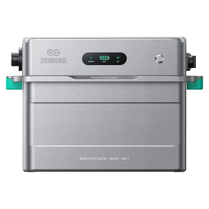 Zendure Batteriespeicher ZDB2503 - Leistungsaufnahme: 1.400 W, Nennspannung: 230 V - Silbernes ZENDURE SolarFlow 1600 AC+ Solarenergie-Managementgerät mit grünen Akzenten und Statusanzeigen.