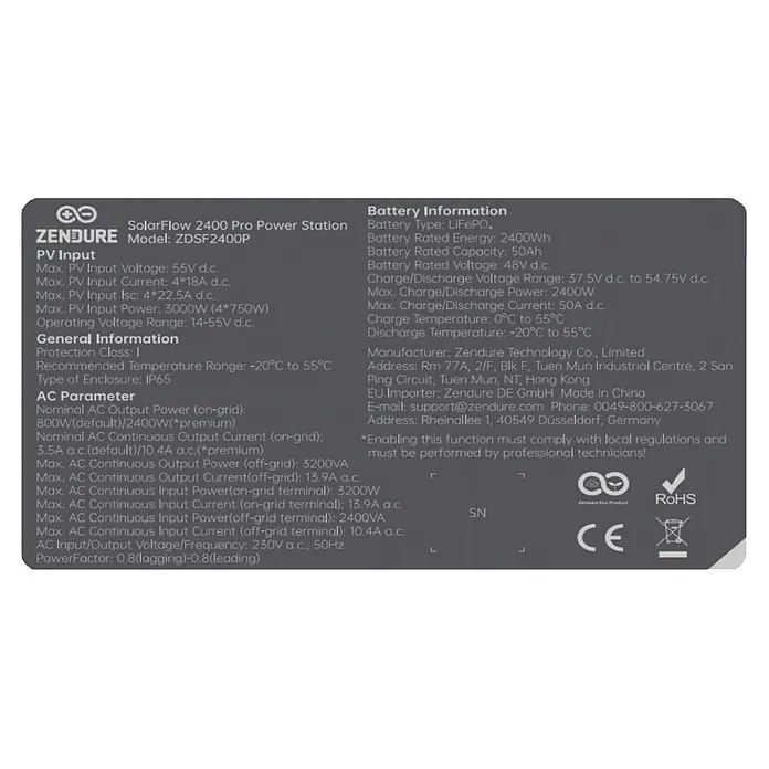 Zendure Batteriespeicher ZDA2507 - Leistungsaufnahme: 3.000 W, Nennspannung: 48 V - Dunkelgraues ZENDURE SolarFlow 2400 Pro Power Station Produktetikett mit weißem Text, das detaillierte technische Spezifikationen zeigt.