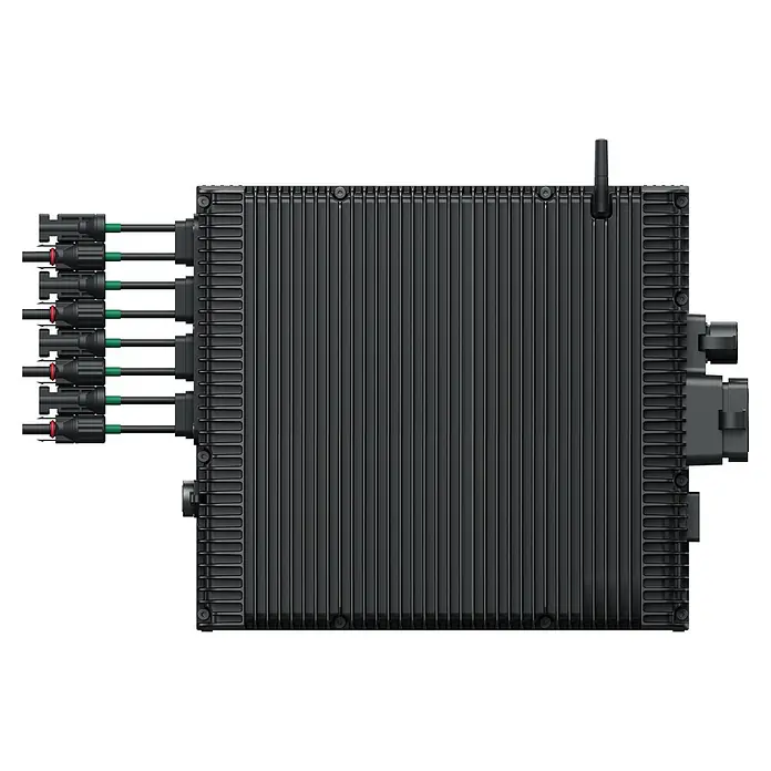 Zendure Batteriespeicher ZDA2507 - Leistungsaufnahme: 3.000 W, Nennspannung: 48 V - Dunkelgrauer, gerippter Solaroptimierer mit mehreren Kabelanschlüssen und einer Antenne.