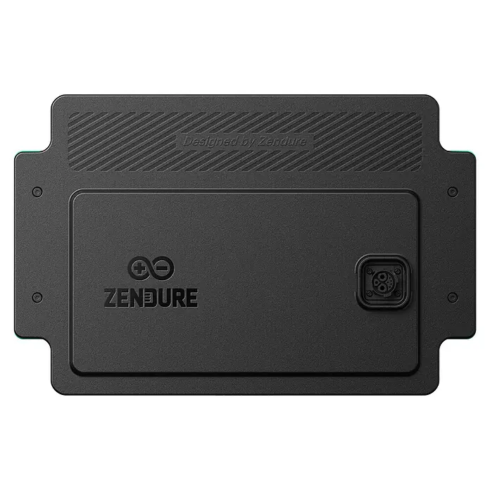 Zendure Batteriespeicher ZDSF1600AC+ - Nennspannung: 48 V - Dunkelgraues, texturiertes ZENDURE Akkupack mit geprägtem Logo und Mehrfachstecker.