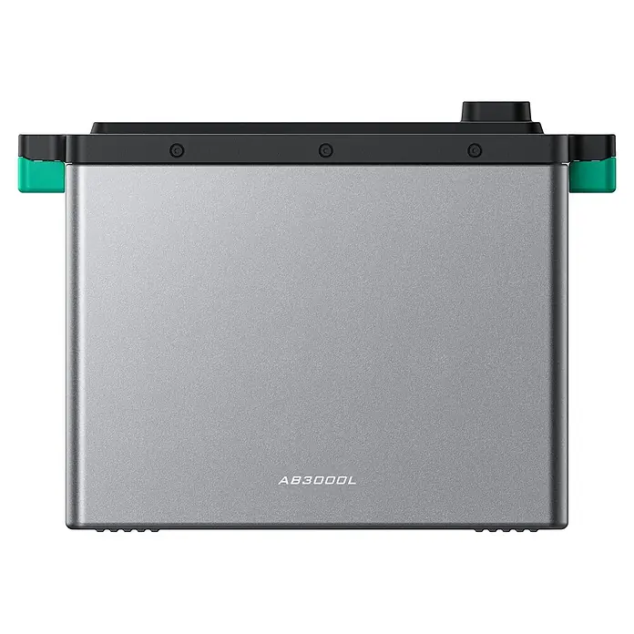 Zendure Batteriespeicher ZDSF1600AC+ - Nennspannung: 48 V - Silber-graues, rechteckiges Akkupack mit schwarzer Oberseite und grünen Akzenten, beschriftet mit „AB3000L“.