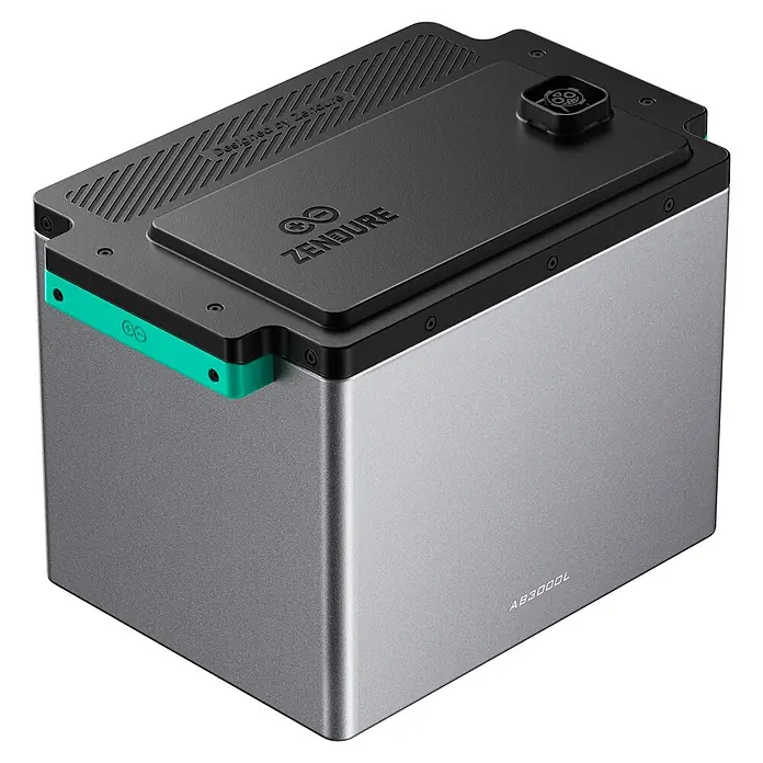 Zendure Batteriespeicher ZDSF1600AC+ - Nennspannung: 48 V - Zendure AB3000L Batteriemodul, silber und schwarz mit türkisfarbenem Akzent, texturierter Oberseite und Stromanschluss.