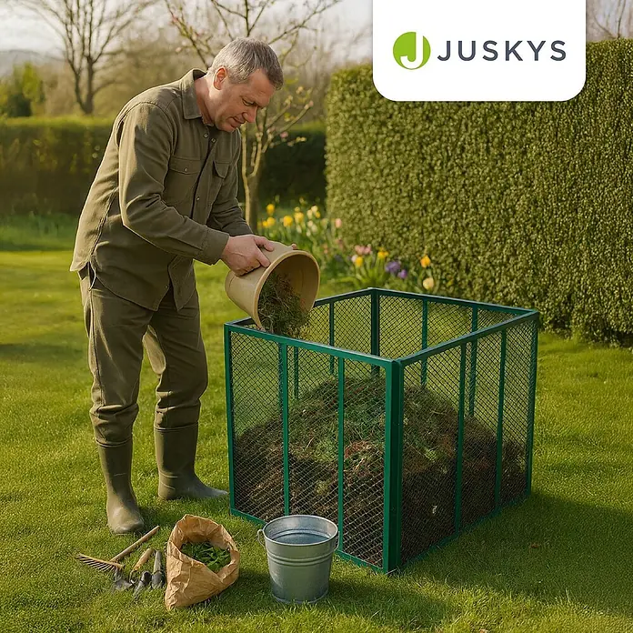 Juskys Komposter Komposter - 450 l, 80 x 80 x 70 cm - Grüner Kompostbehälter aus Metallgitter im Garten, ein Mann füllt organisches Material ein.