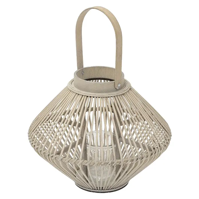 ECD Germany Windlicht Boho Bambus Laterne - Ø x H: 35 x 44 cm, Natur, 1 Stk. - Helle Rattanlaterne mit Holzgriff und Glaseinsatz.
